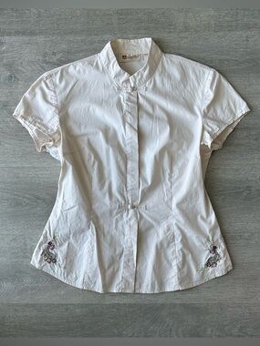 Hamin Cream Mandarin Collar Short Sleeve Blouse embroidered